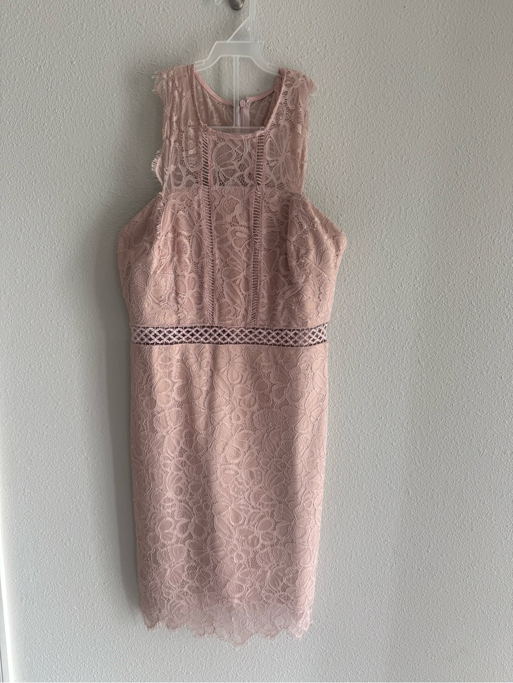Delicate Blush Lace Midi Dress with Waist Detail